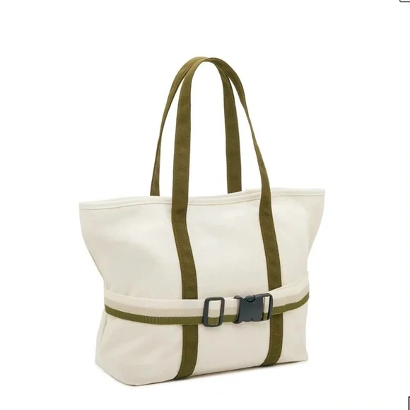 NEW Ivory/Green Canvas Tote With Travel Band - Picture 1 of 7
